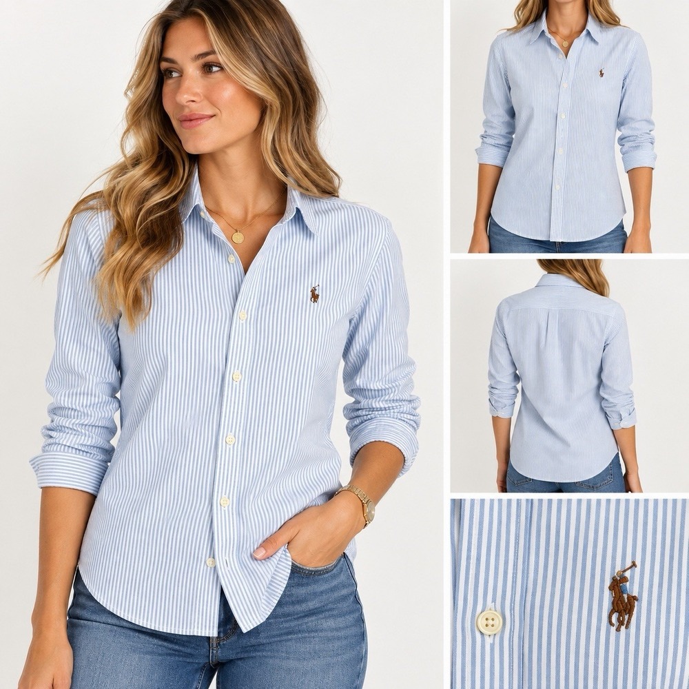 Polo Ralph Lauren Shirt Blue White Stripe Oxford Button Down Pony Small